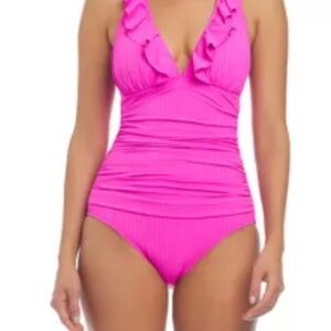Into The Bleu Ruffle,adjustable halter ties,padded,ribbed texture,tummy drape